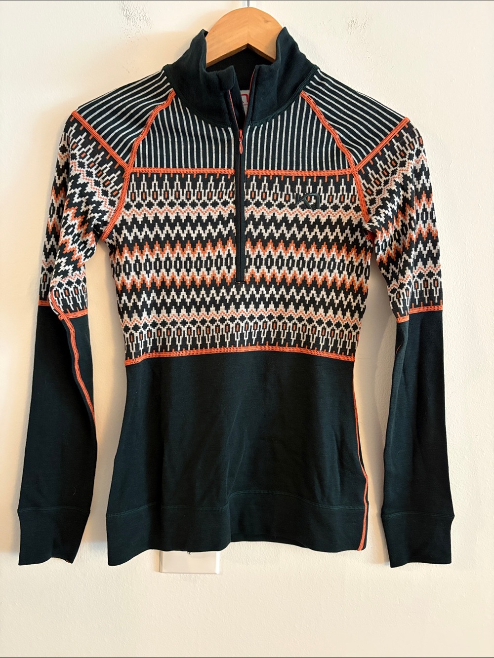 Kari Traa Wool Long Sleeve Quarter Zip Pullover Top Women’s Size XS Orange Green